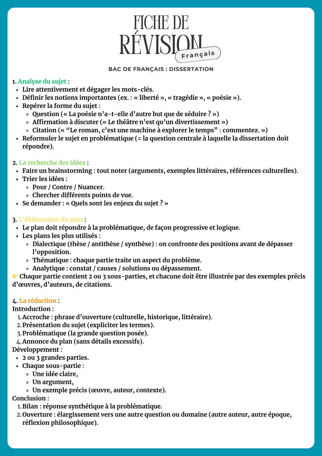 1. Analyse du sujet :
* Lire attentivement et dégager les mots-clés.
* Définir les notions importantes (ex.: << liberté >>, << tragédie >>,