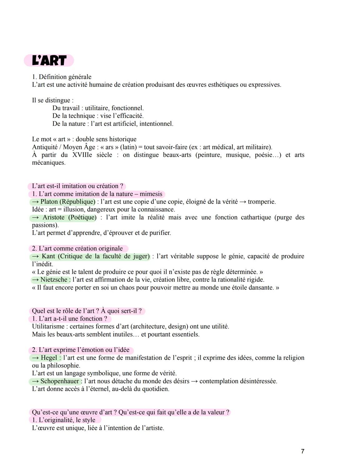 L'ART
1. Définition générale
L'art est une activité humaine de création produisant des œuvres esthétiques ou expressives.
Il se distingue :