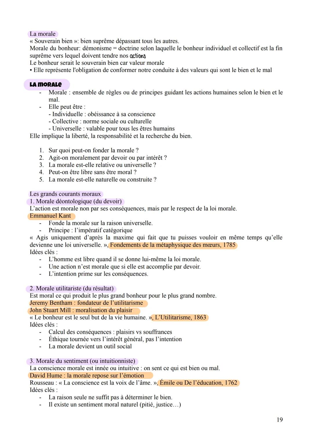 La morale
<< Souverain bien »: bien suprême dépassant tous les autres.
Morale du bonheur: démonisme = doctrine selon laquelle le bonheur in
