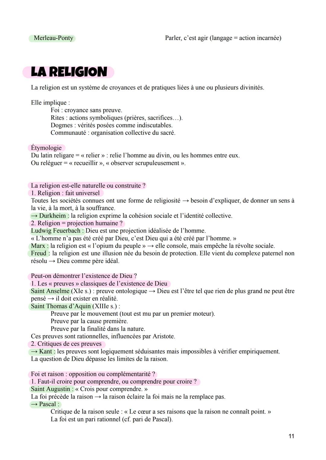Merleau-Ponty
Parler, c'est agir (langage = action incarnée)
LA RELIGION
La religion est un système de croyances et de pratiques liées à une