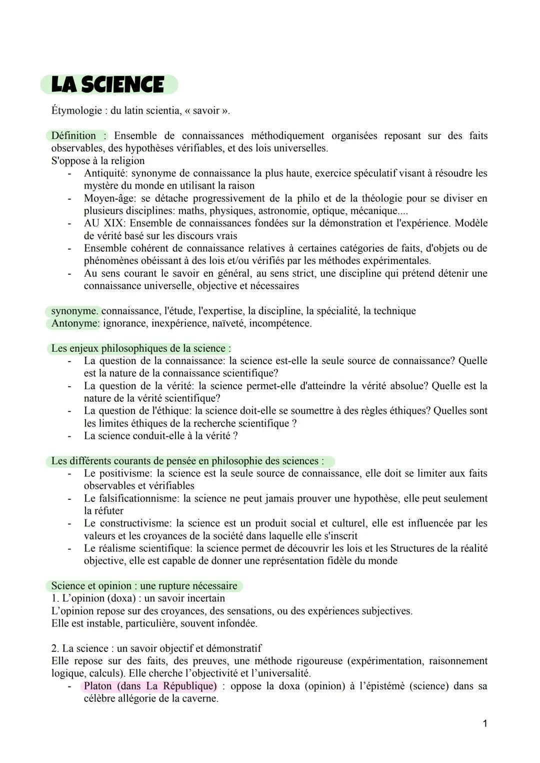 LA SCIENCE
Étymologie: du latin scientia, << savoir >>.
Définition: Ensemble de connaissances méthodiquement organisées reposant sur des f