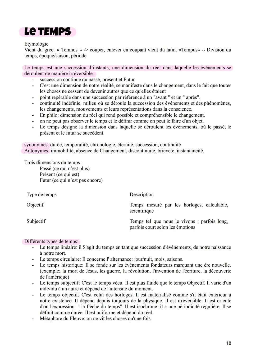LE TEMPS
Etymologie
Vient du grec: << Temnos » -> couper, enlever en coupant vient du latin: «Tempus» -> Division du
temps, époque/saison, p
