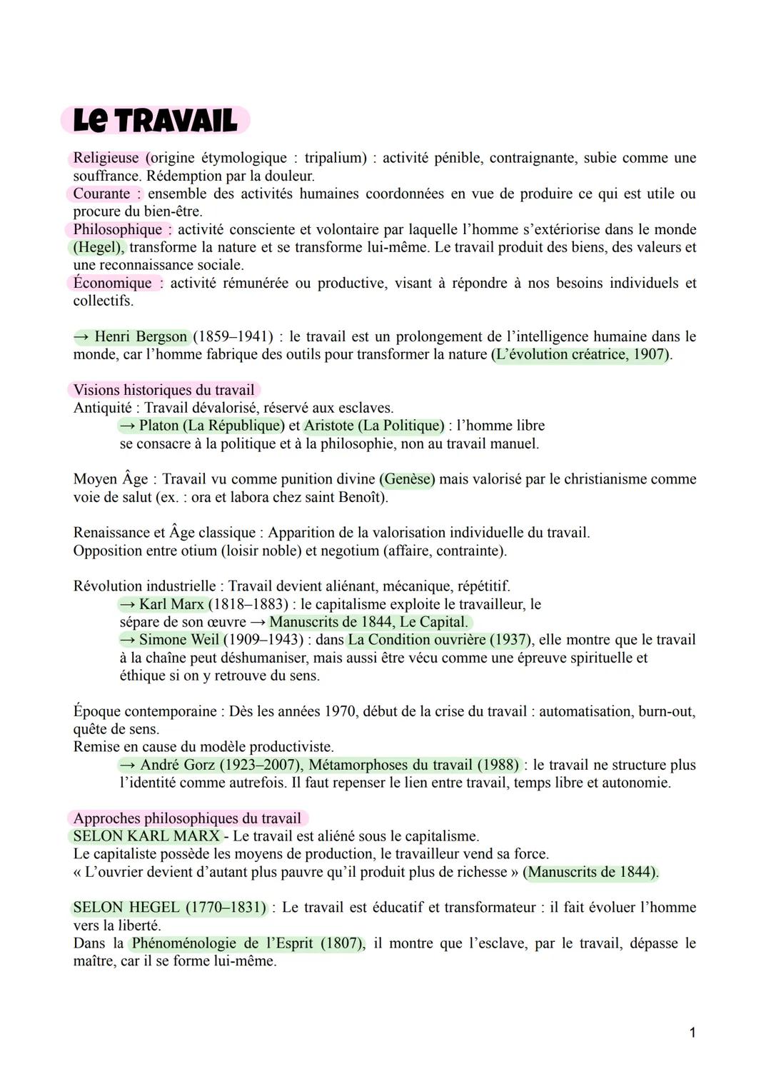LE TRAVAIL
Religieuse (origine étymologique : tripalium) : activité pénible, contraignante, subie comme une
souffrance. Rédemption par la do