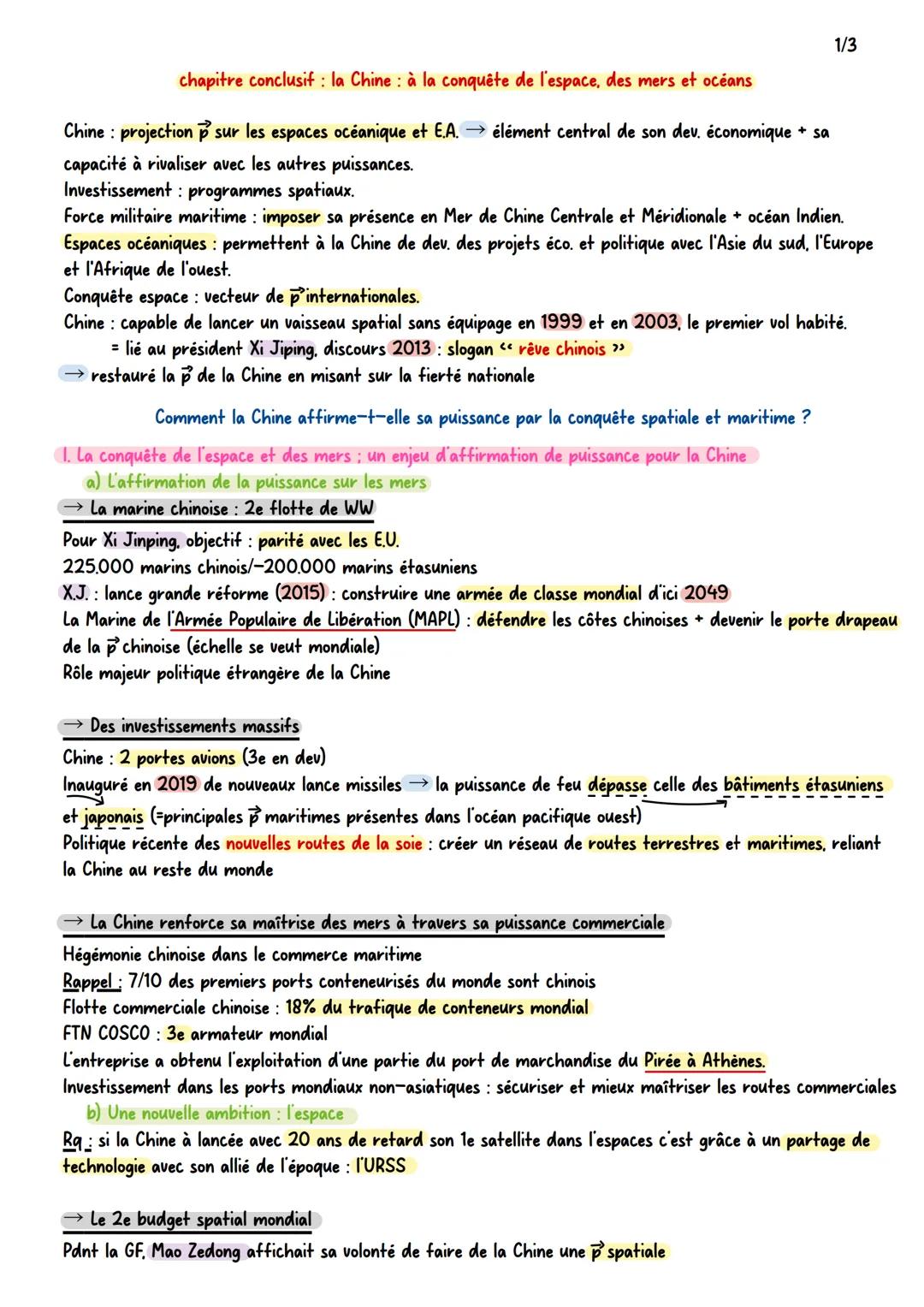 Axe conclusif T1 : la Chine : à la conquête de l’espace, des mers et océans