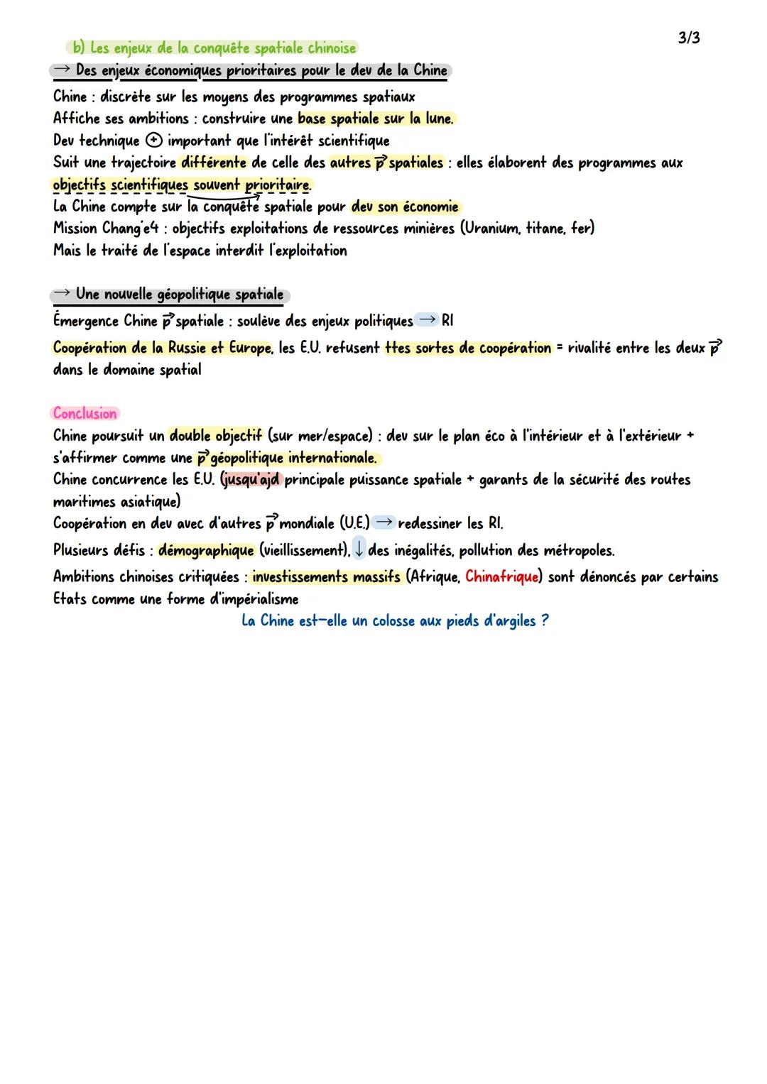 1/3
chapitre conclusif: la Chine à la conquête de l'espace, des mers et océans
Chine: projection p sur les espaces océanique et E.A.→ élémen