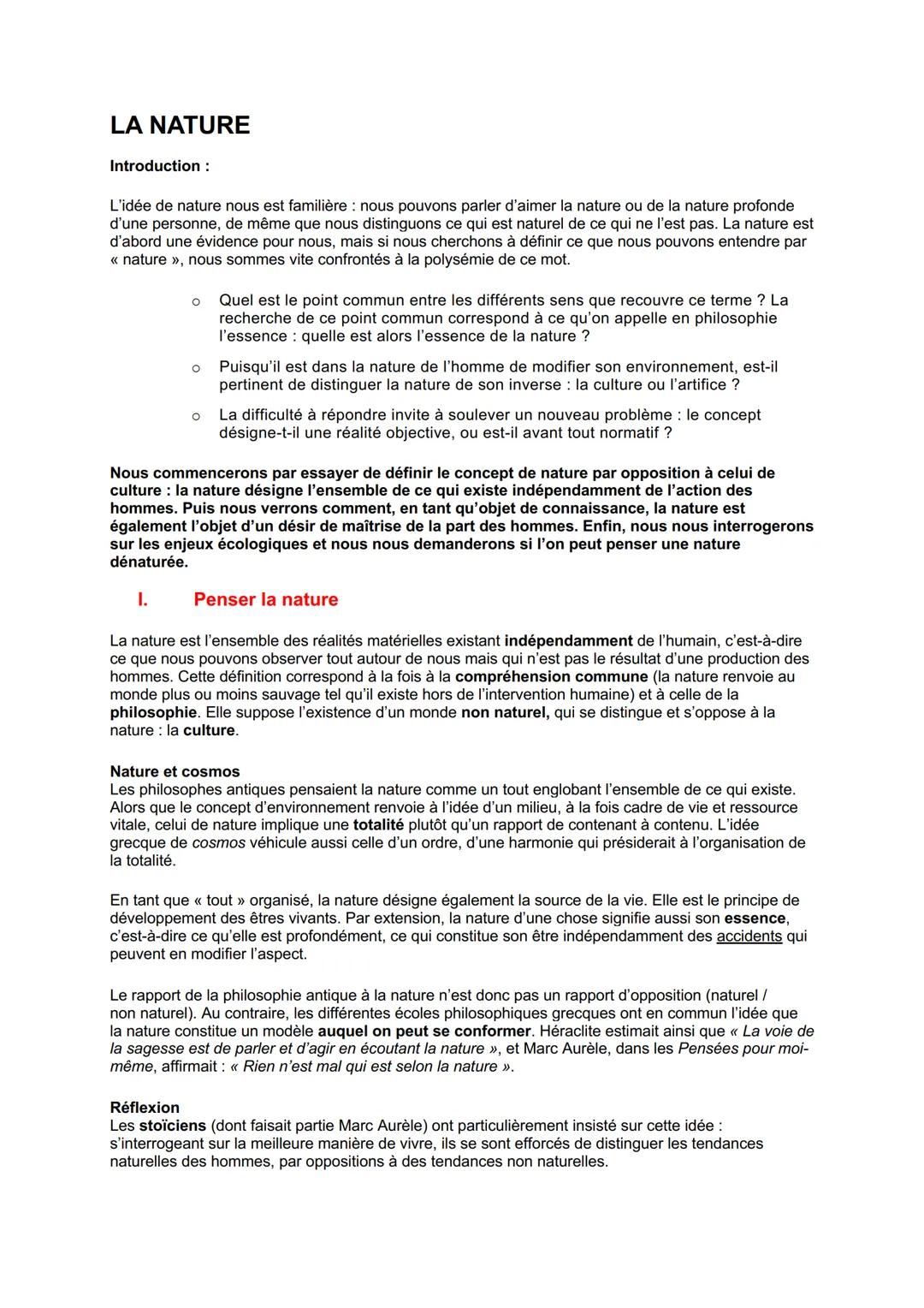 LA NATURE
Introduction:
L'idée de nature nous est familière: nous pouvons parler d'aimer la nature ou de la nature profonde
d'une personne,