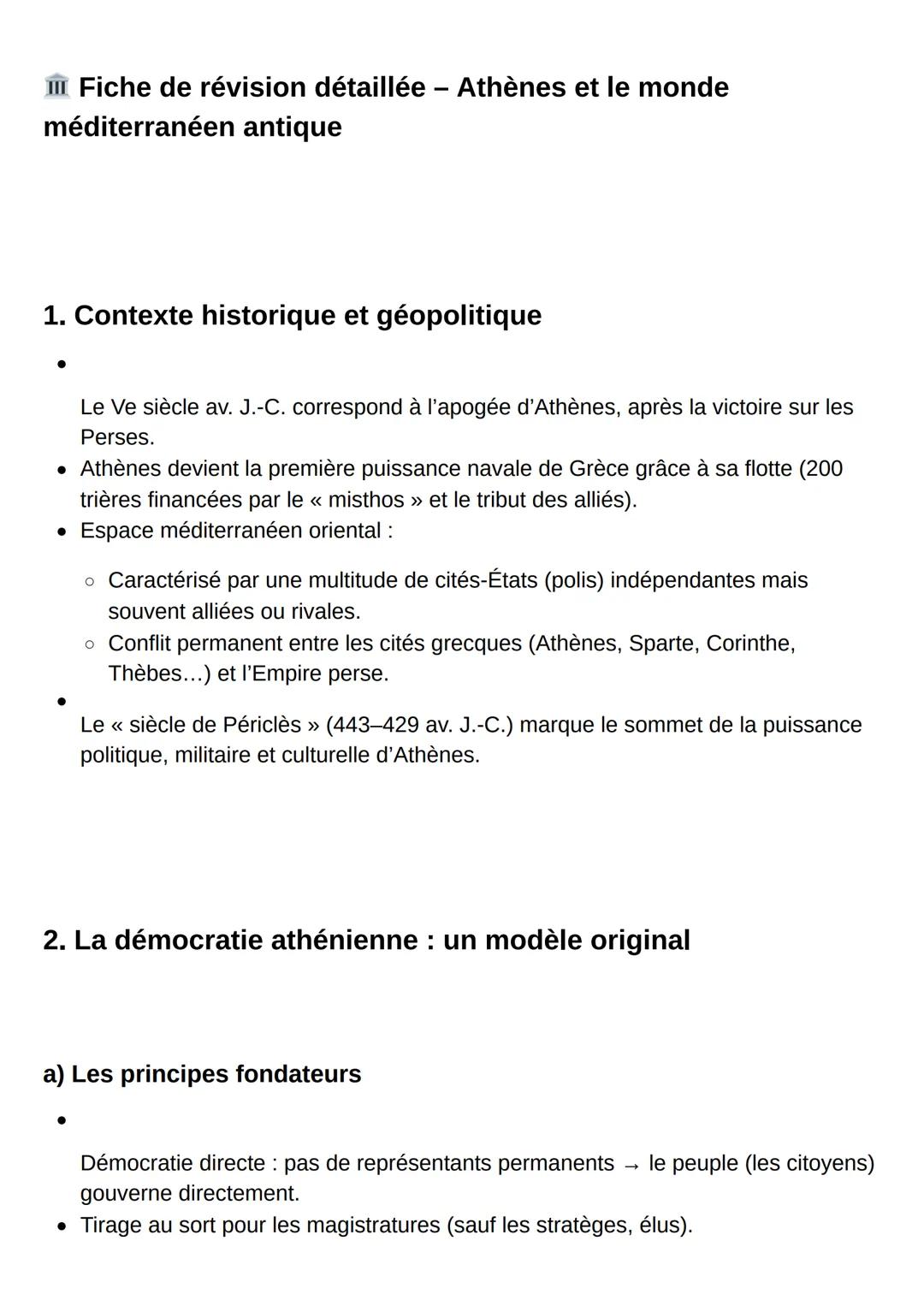 # Fiche de révision détaillée - Athènes et le monde
méditerranéen antique
1. Contexte historique et géopolitique
Le Ve siècle av. J.-C. co