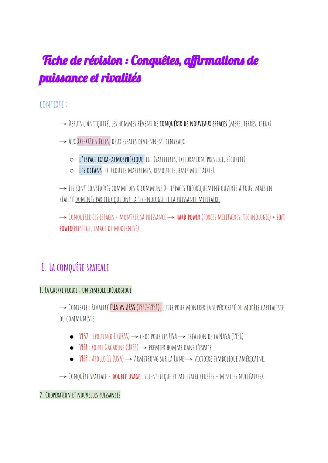 # Fiche de révision: Conquêtes, affirmations de
puissance et rivalités
CONTEXTE:
→ DEPUIS L'ANTIQUITÉ, LES HOMMES RÊVENT DE CONQUÉRIR DE N