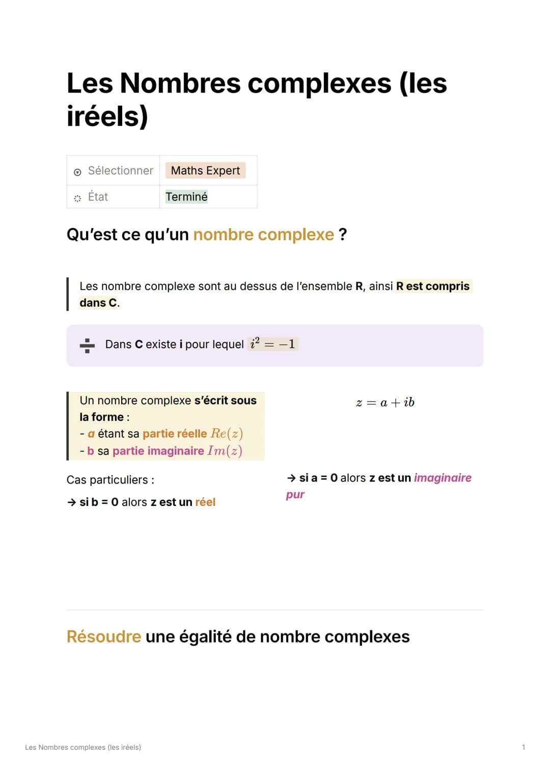 # Les Nombres complexes (les
iréels)
Sélectionner Maths Expert
* État
Terminé
Qu'est ce qu'un nombre complexe ?
Les nombre complexe sont