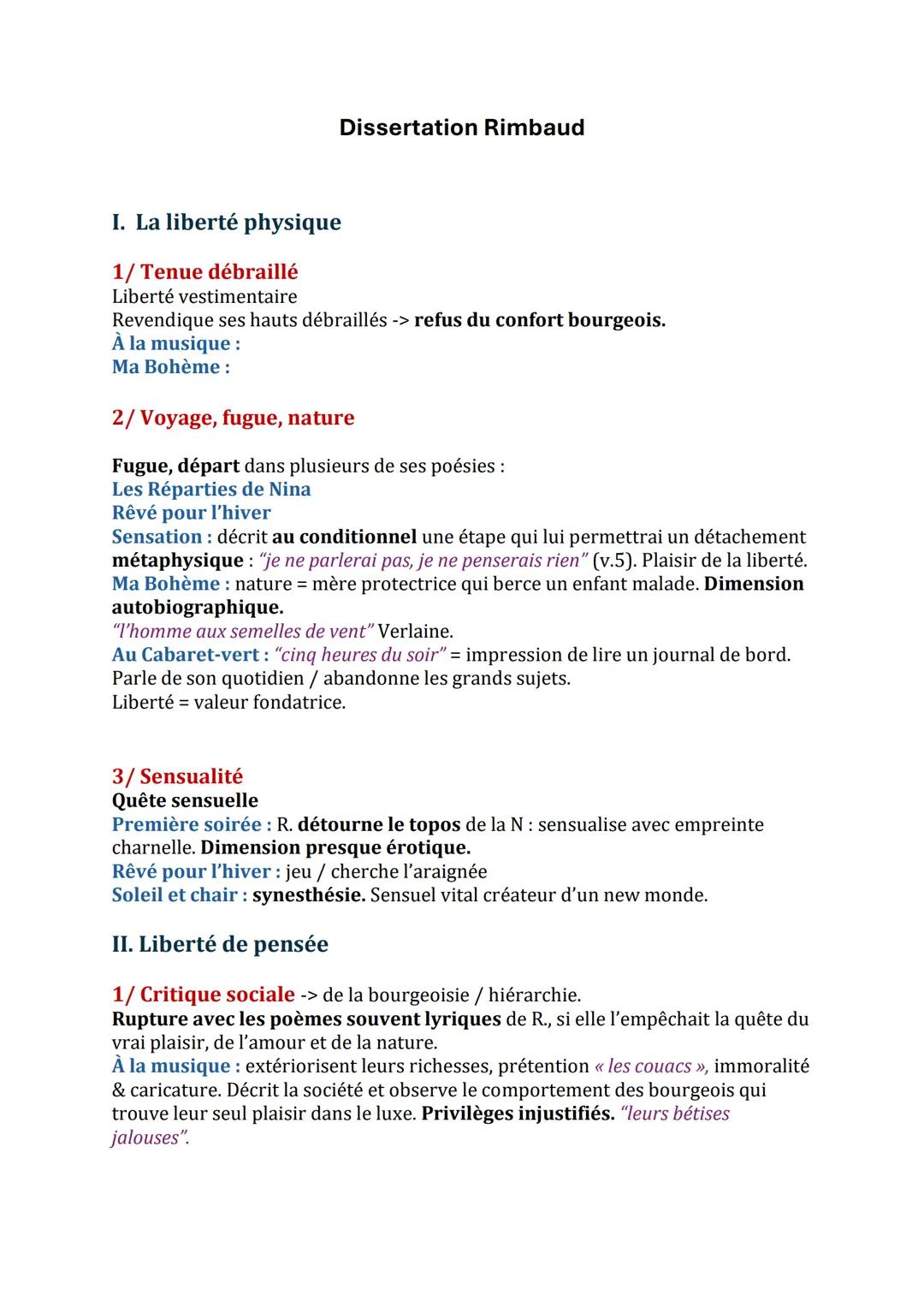 Dissertation Rimbaud
I. La liberté physique
1/ Tenue débraillé
Liberté vestimentaire
Revendique ses hauts débraillés -> refus du confort b
