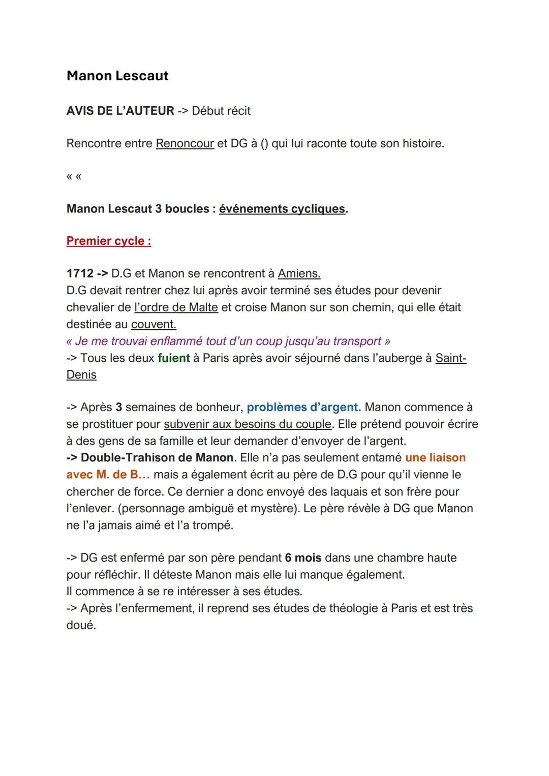 Manon Lescaut
AVIS DE L'AUTEUR -> Début récit
Rencontre entre Renoncour et DG à () qui lui raconte toute son histoire.
<< <
Manon Lescau