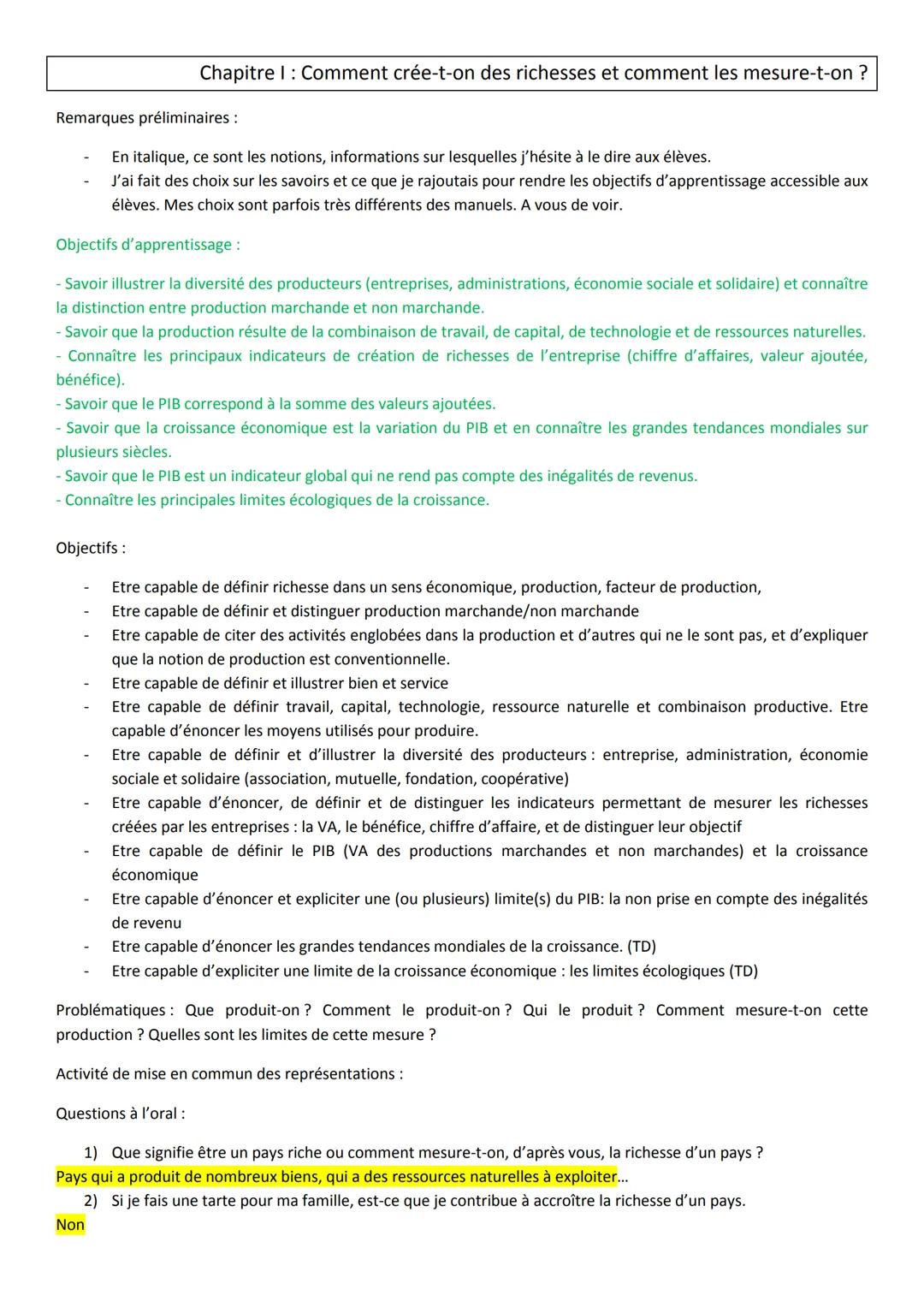 # Chapitre I: Comment crée-t-on des richesses et comment les mesure-t-on ?
Remarques préliminaires:
- En italique, ce sont les notions, in