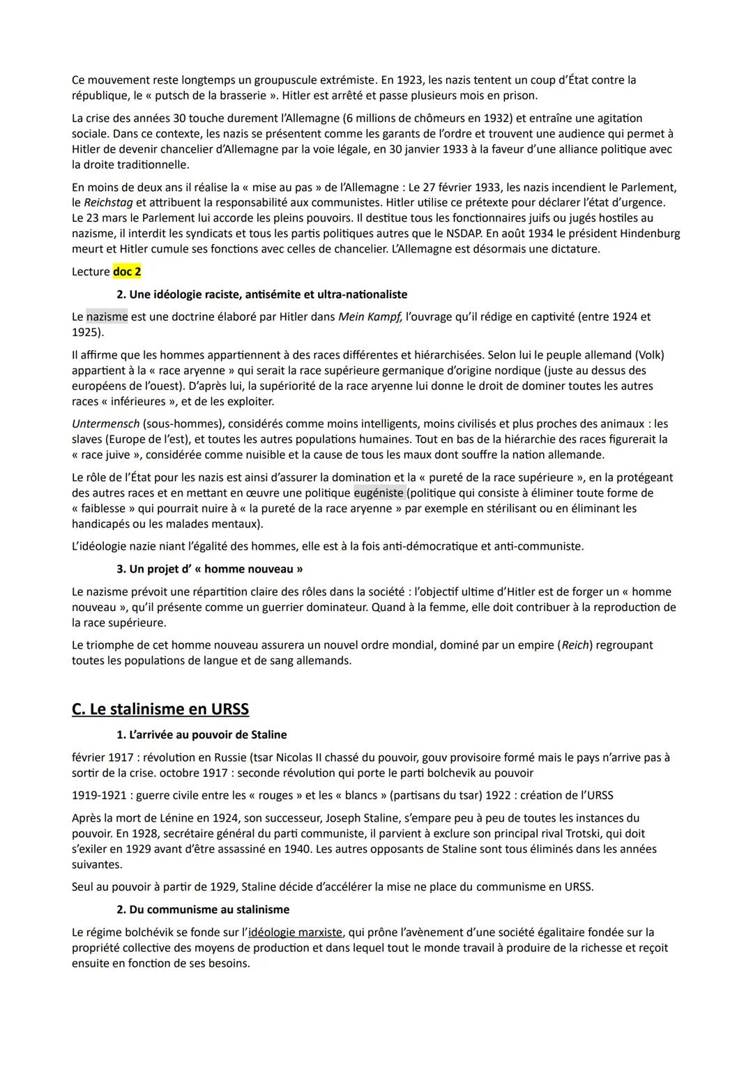 Chapitre 2: les régimes totalitaires.
L'Europe de l'entre-deux guerre voit se développer des régimes d'un type nouveau: le fascisme, le
sta
