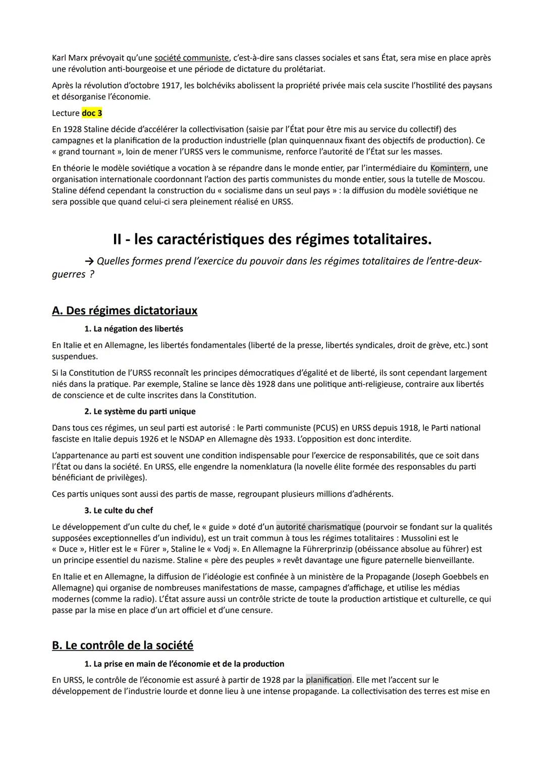 Chapitre 2: les régimes totalitaires.
L'Europe de l'entre-deux guerre voit se développer des régimes d'un type nouveau: le fascisme, le
sta