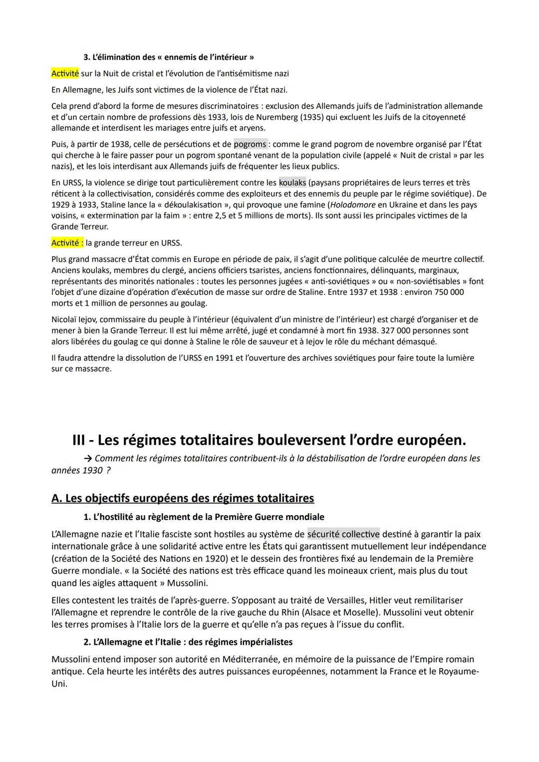 Chapitre 2: les régimes totalitaires.
L'Europe de l'entre-deux guerre voit se développer des régimes d'un type nouveau: le fascisme, le
sta