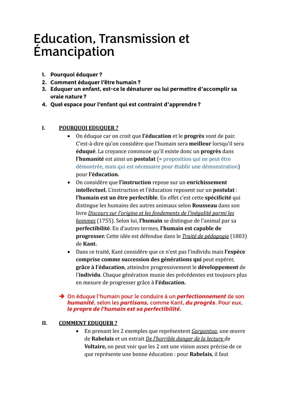 # Education, Transmission et
Émancipation
1. Pourquoi éduquer?
2. Comment éduquer l'être humain?
3. Eduquer un enfant, est-ce le dénaturer