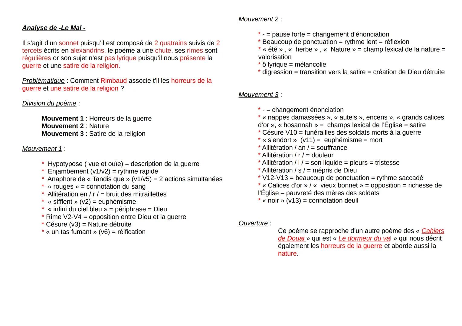 Analyse de -Le Mal -
Il s'agit d'un sonnet puisqu'il est composé de 2 quatrains suivis de 2
tercets écrits en alexandrins, le poème a une c