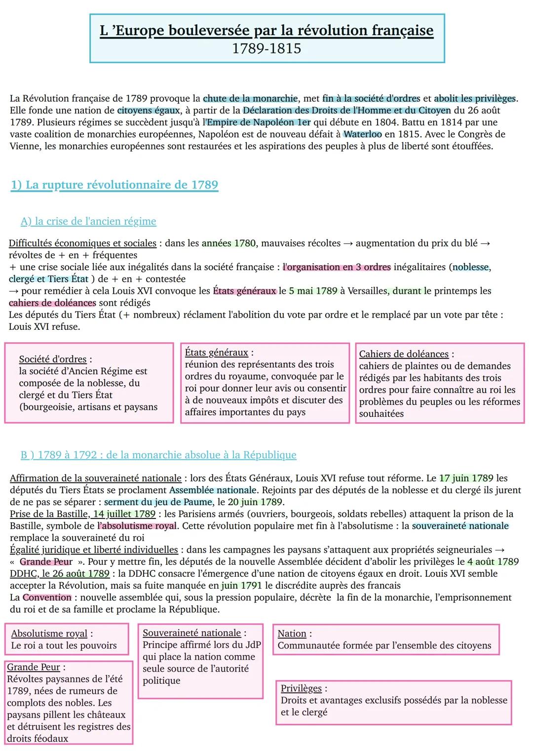 # L 'Europe bouleversée par la révolution française
1789-1815
La Révolution française de 1789 provoque la chute de la monarchie, met fin à