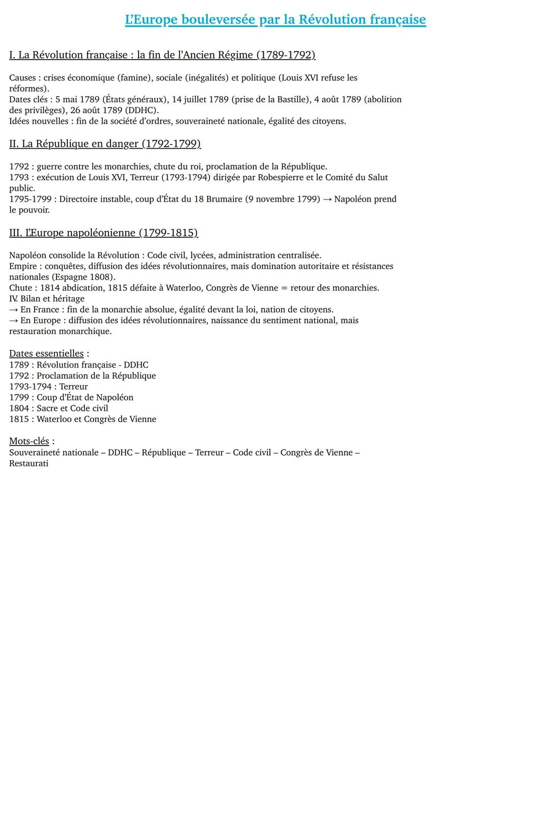 # L 'Europe bouleversée par la révolution française
1789-1815
La Révolution française de 1789 provoque la chute de la monarchie, met fin à