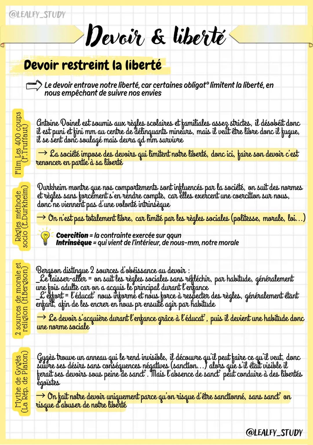 @LEALFY_STUDY
# Devoir & liberté
Faire son devoir est-ce renoncer à sa liberté?
ce qu'on doit faire par obligat
faire ce que l'on veut s