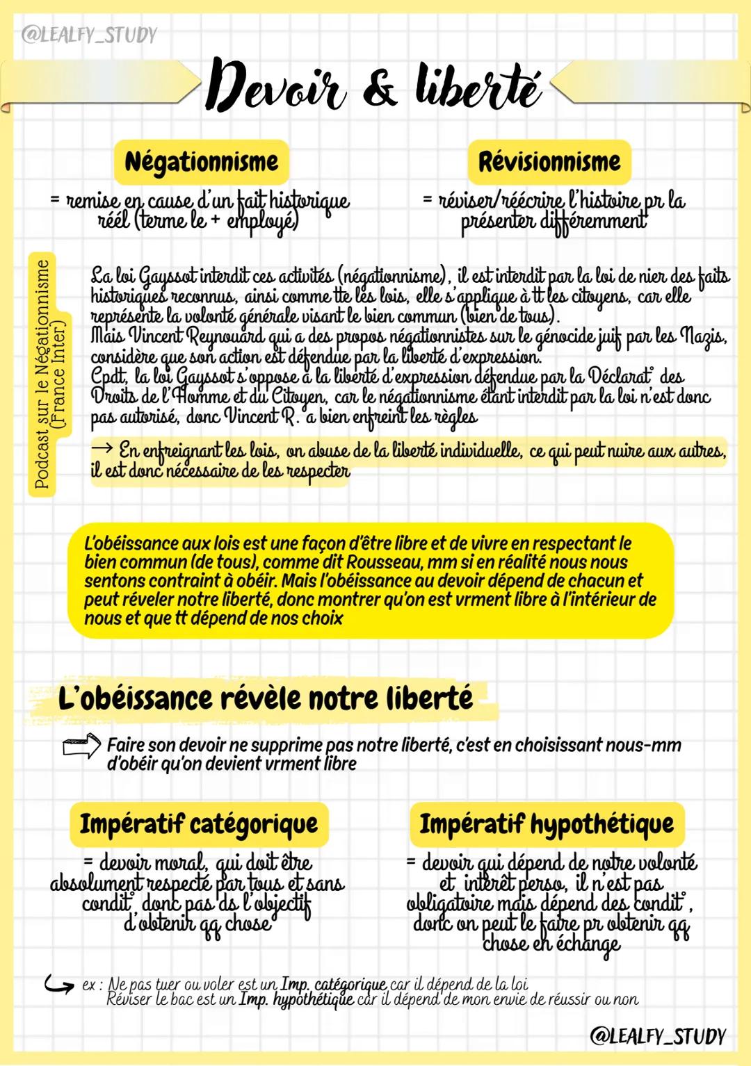 @LEALFY_STUDY
# Devoir & liberté
Faire son devoir est-ce renoncer à sa liberté?
ce qu'on doit faire par obligat
faire ce que l'on veut s