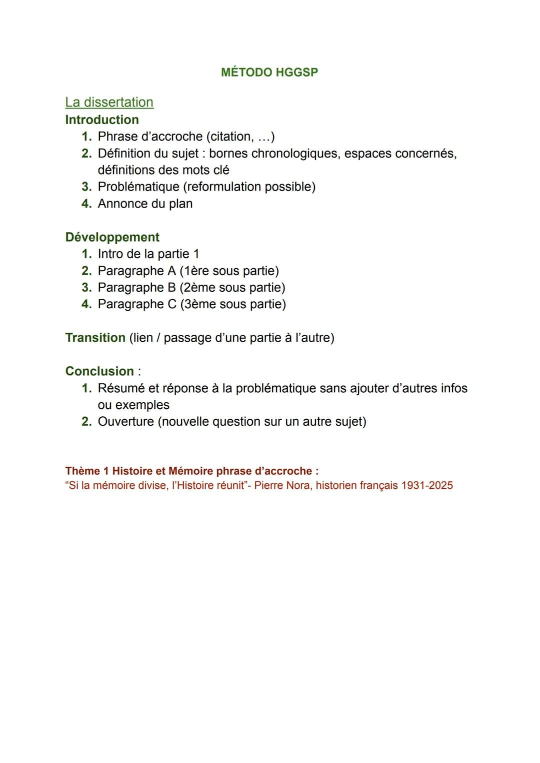 MÉTODO HGGSP
La dissertation
Introduction
1. Phrase d'accroche (citation, ...)
2. Définition du sujet: bornes chronologiques, espaces conce