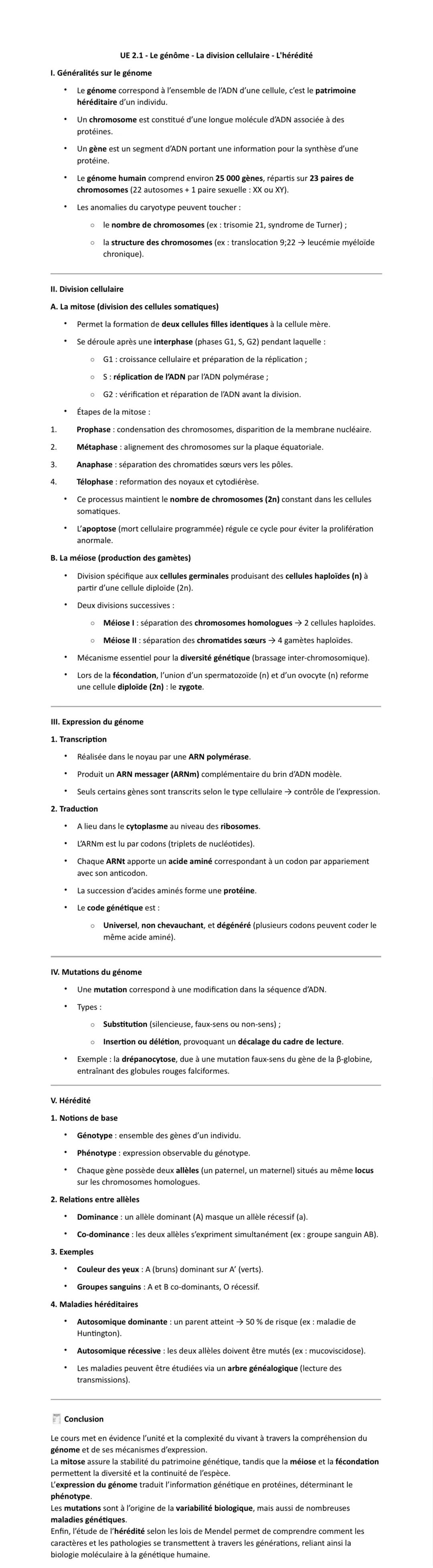 UE 2.1 - Le génome - La division cellulaire - l'hérédité
I. Généralités sur le génome
- Le génome correspond à l'ensemble de l'ADN d'une c