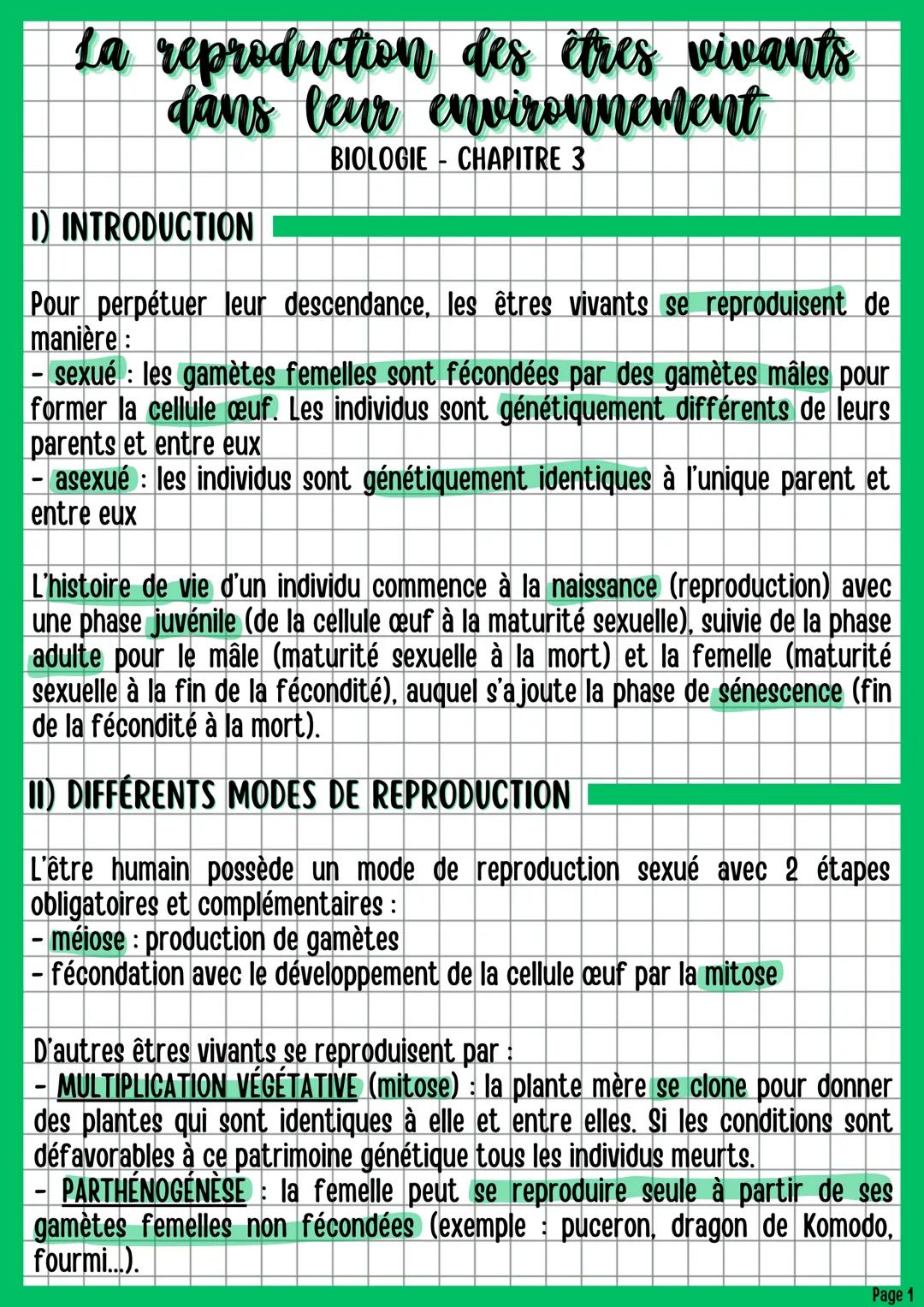 # La reproduction des êtres vivants
dans leur environnement
BIOLOGIE CHAPITRE 3
1) INTRODUCTION
Pour perpétuer leur descendance, les êtres