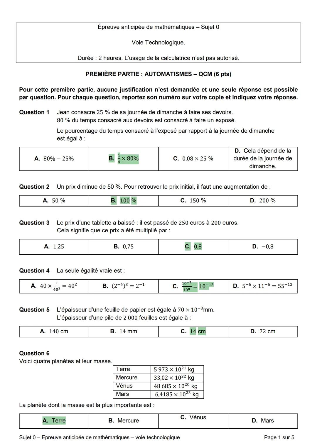 Épreuve anticipée de mathématiques - Sujet 0
Voie Technologique.
Durée: 2 heures. L'usage de la calculatrice n'est pas autorisé.
PREMIÈRE