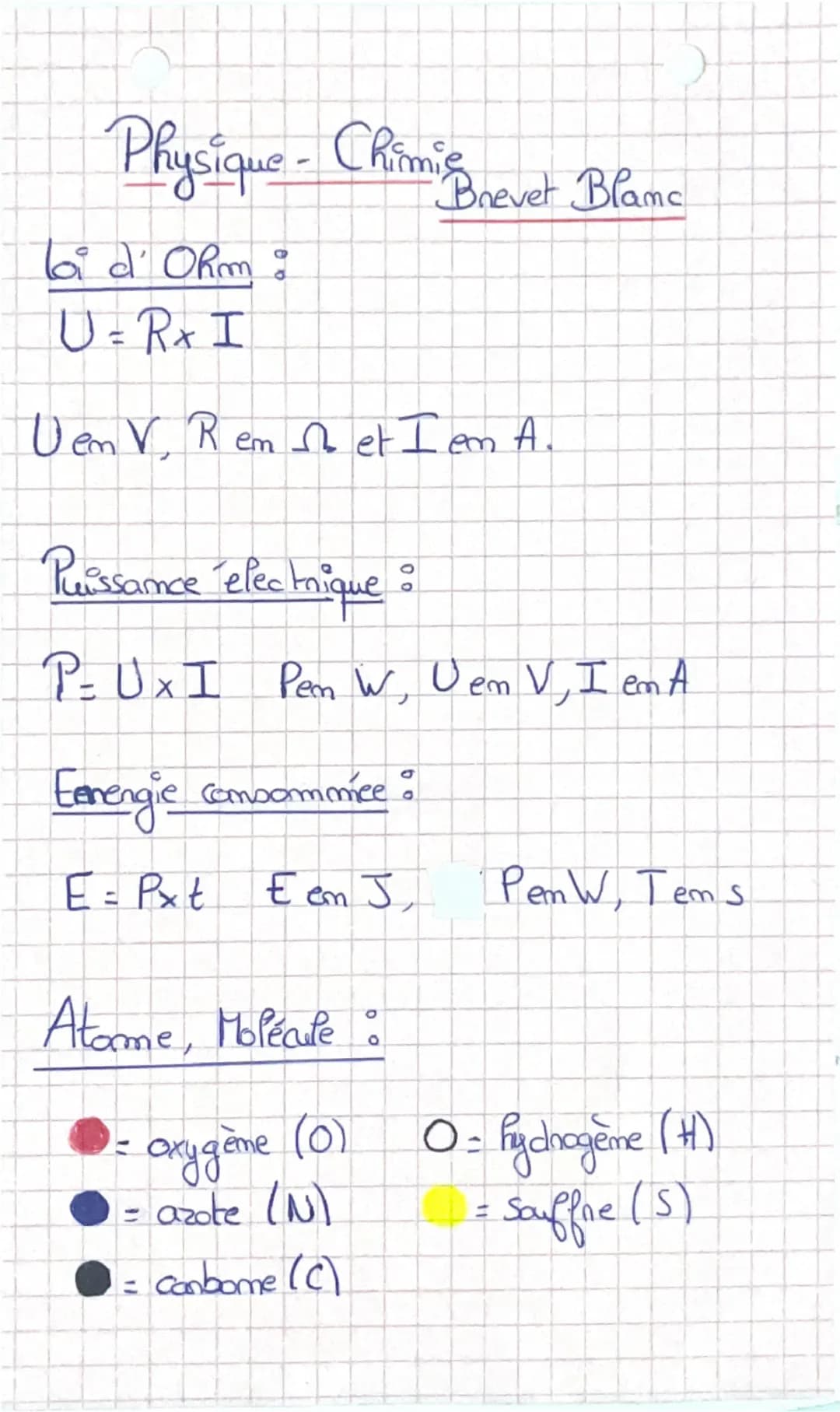 # Physique-Chimie Brevet Blanc
## loi d' Ohm:
$U=R \times I$
U em V, R em $\Omega$ et I em A.
## Puissance electrique :
$P=U \times I$ P em