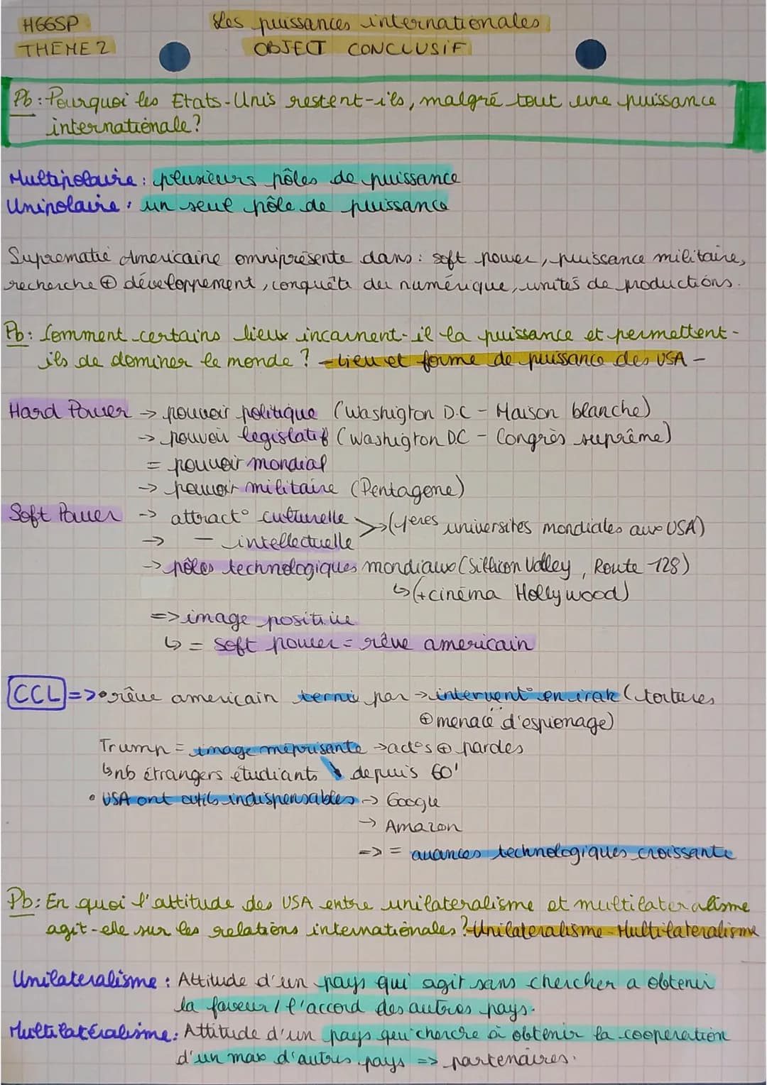 H66SP
THEME 2
les puissances internationales
OBJECT CONCLUSIF
Pb: Pourquoi les Etats-Unis restent-ils, malgré tout une puissance
internatio