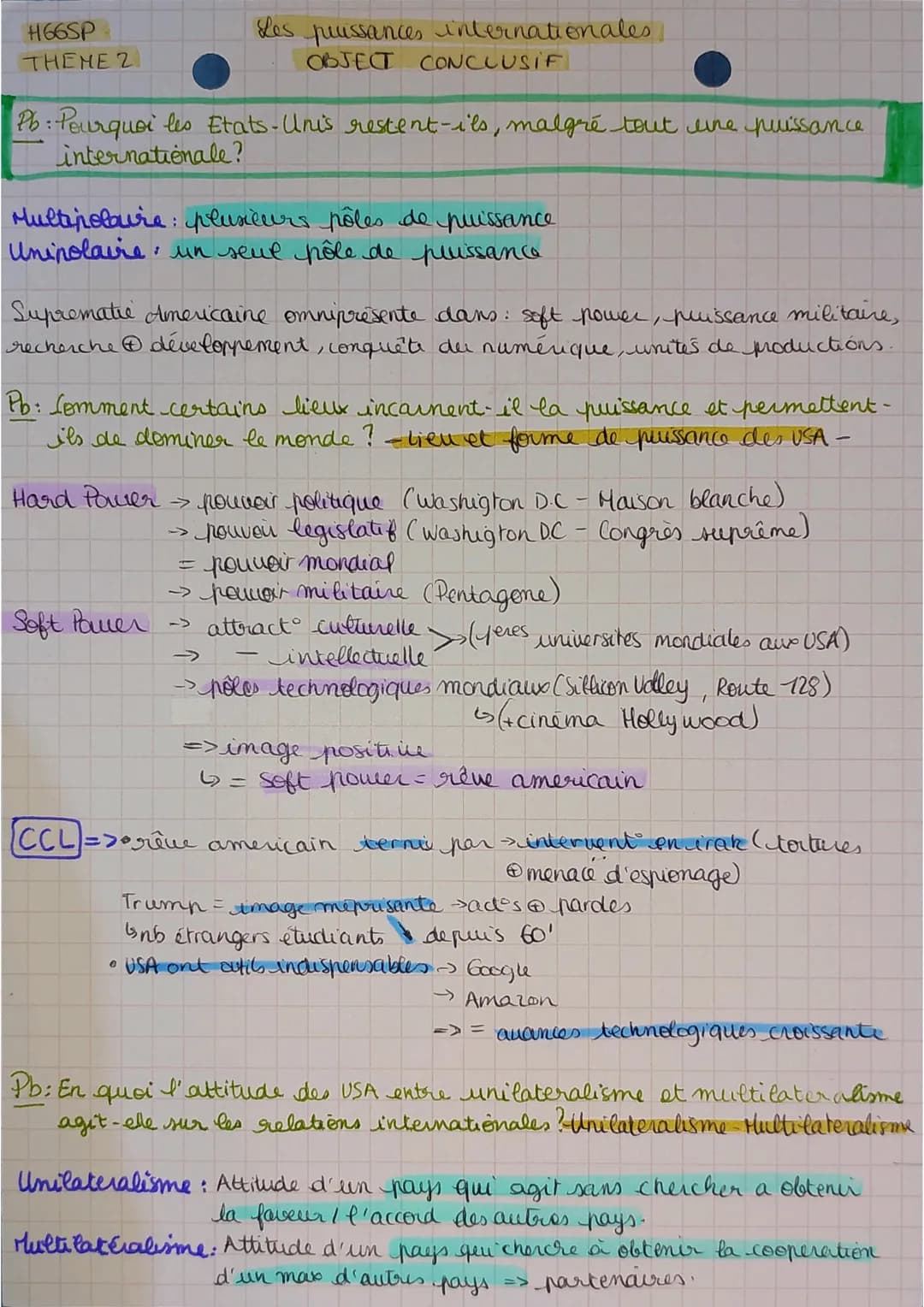 H66SP
THEME 2
les puissances internationales
OBJECT CONCLUSIF
Pb: Pourquoi les Etats-Unis restent-ils, malgré tout une puissance
internatio