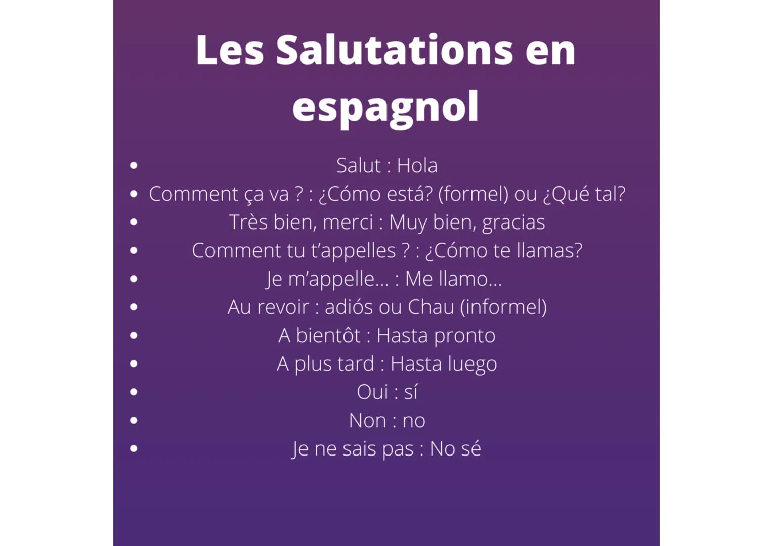 # Les Salutations en espagnol
* Salut : Hola
* Comment ça va ? : ¿Cómo está? (formel) ou ¿Qué tal?
* Très bien, merci : Muy bien, gra