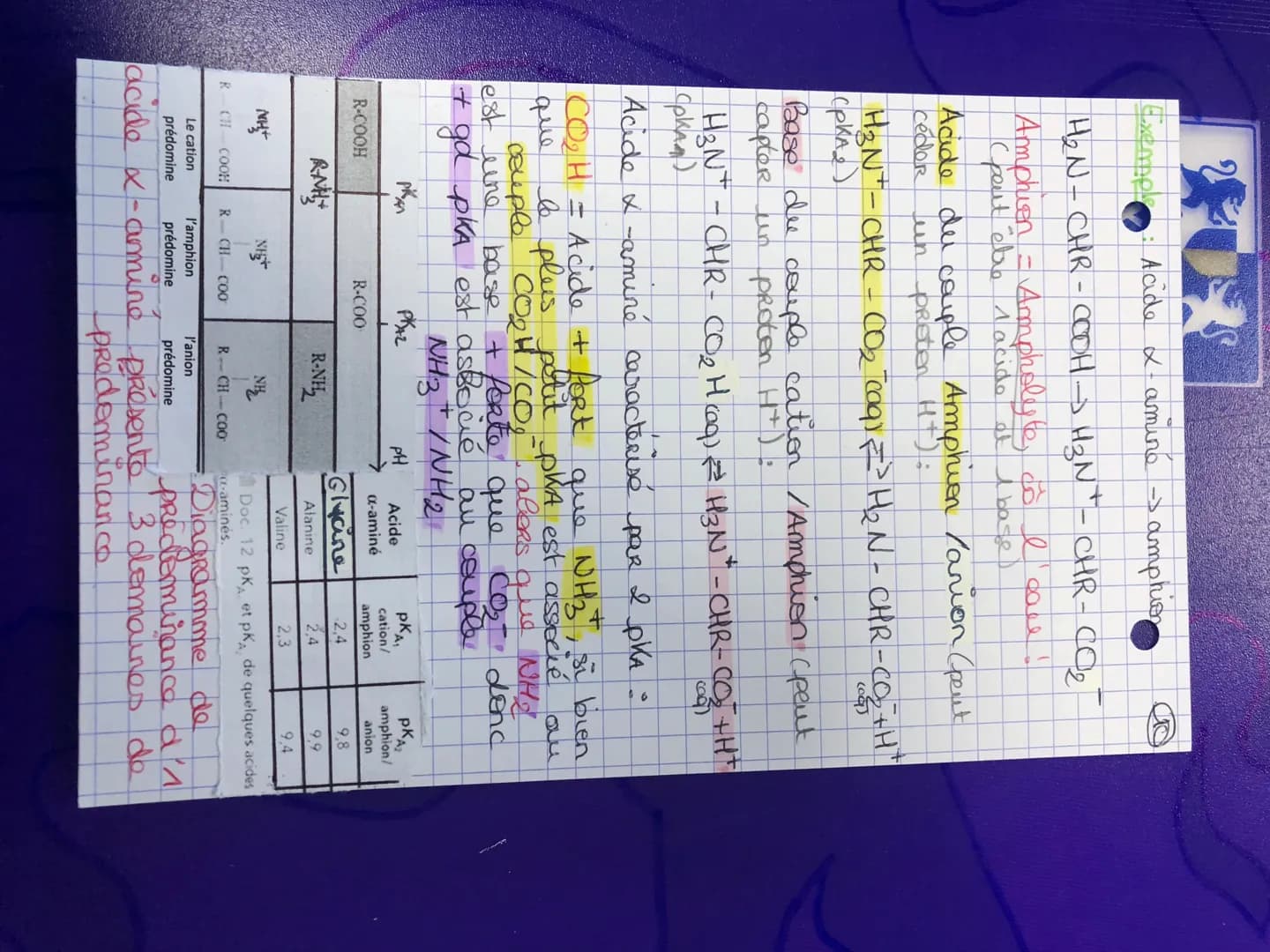 2
# Exemple
Acide $\alpha$-amine $\rightarrow$ amphion
$H_2N-CHR-COOH \rightarrow H_3N^+-CHR-CO_2^-$
Amphion = Ampholyte, où l'eau!
(peut êt