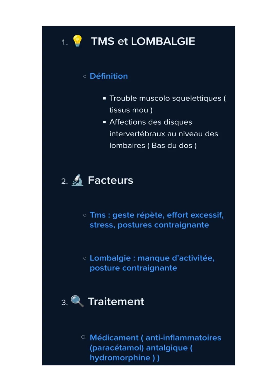 1. TMS et LOMBALGIE
* Définition
* Trouble muscolo squelettiques (
tissus mou)
* Affections des disques
inter