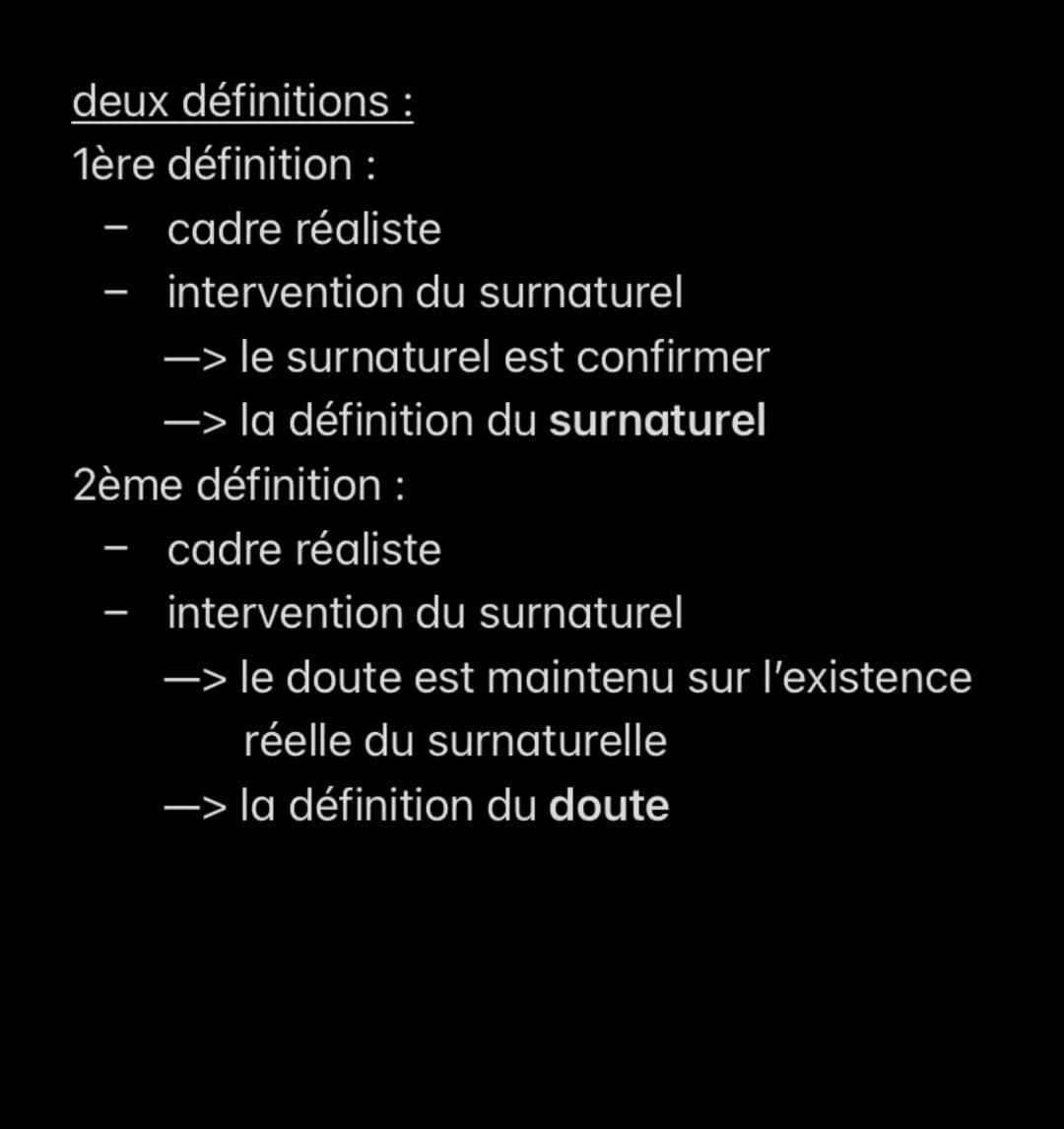 # deux définitions :
## 1ère définition :
- cadre réaliste
- intervention du surnaturel
- -> le surnaturel est confirmer
- -> la définit