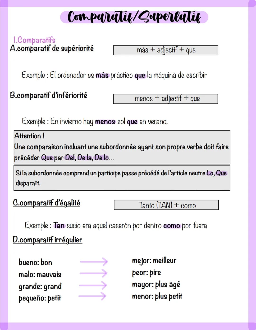 # Comparatif/Superlatis
## I.Comparatifs
### A.comparatif de supériorité
`más + adjectif + que`
Exemple: El ordenador es **más** práctico **