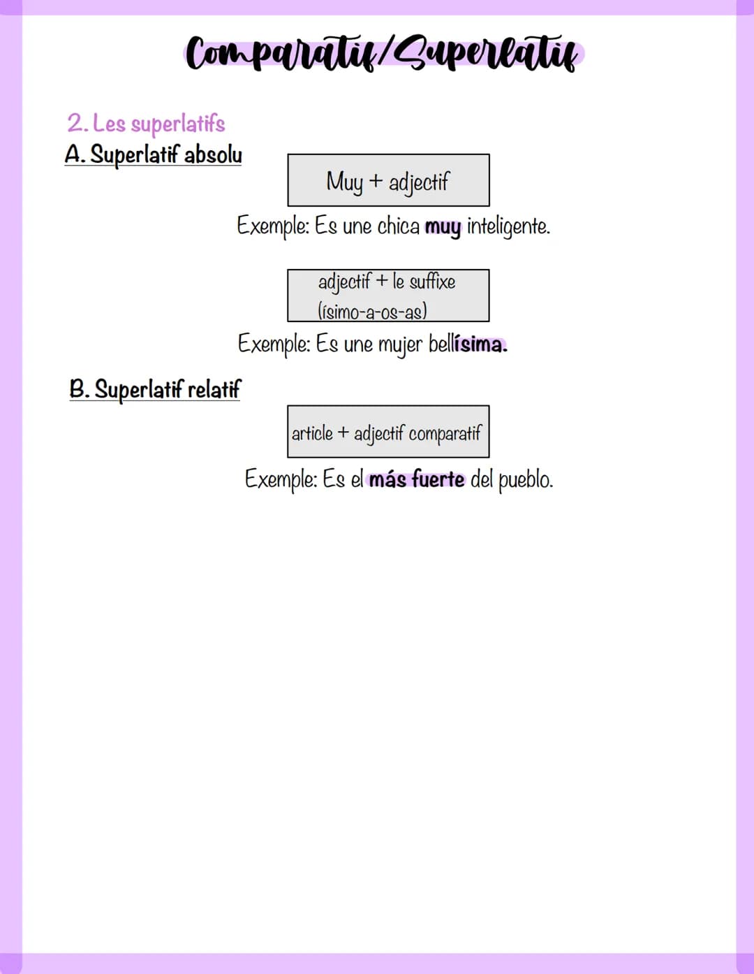 # Comparatif/Superlatis
## I.Comparatifs
### A.comparatif de supériorité
`más + adjectif + que`
Exemple: El ordenador es **más** práctico **