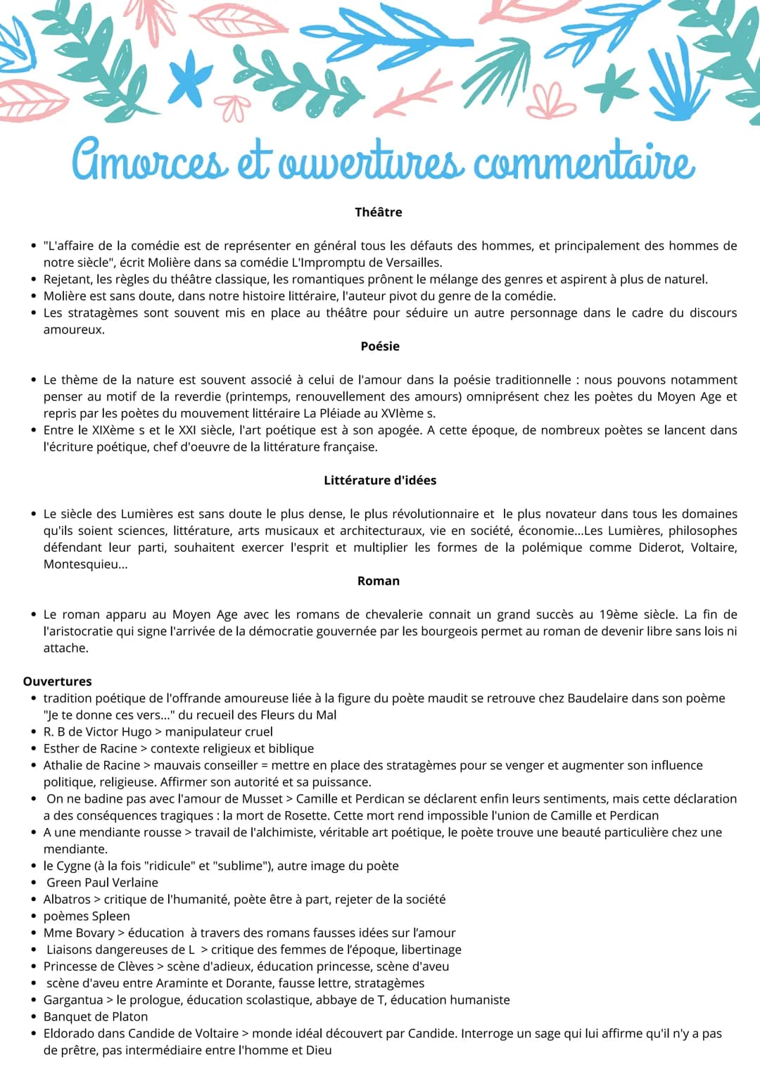 # Amorces et ouvertures commentaire
## Théâtre
* "L'affaire de la comédie est de représenter en général tous les défauts des hommes, et pri