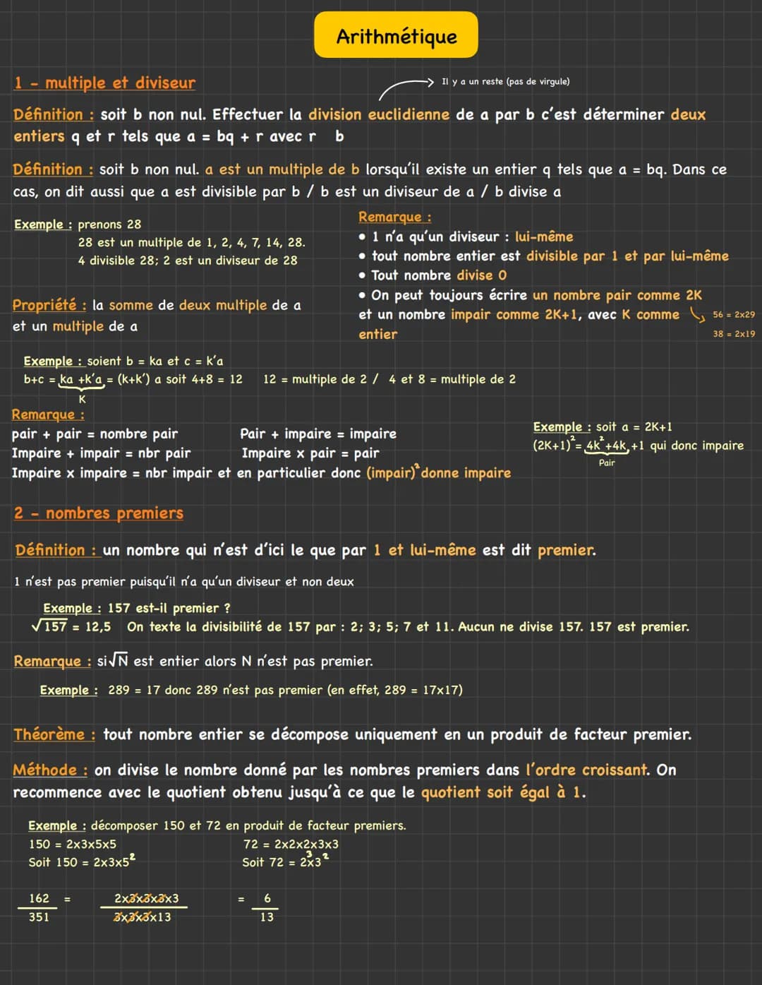 # Arithmétique
Il y a un reste (pas de virgule)
## 1 - multiple et diviseur
**Définition** : soit b non nul. Effectuer la division euclidie