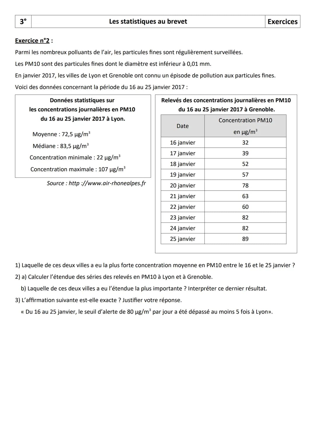 3°
# Les statistiques au brevet
Exercices
## Exercice 1:
L'entraîneur d'un club d'athlétisme a relevé les performances de ses lanceuses de