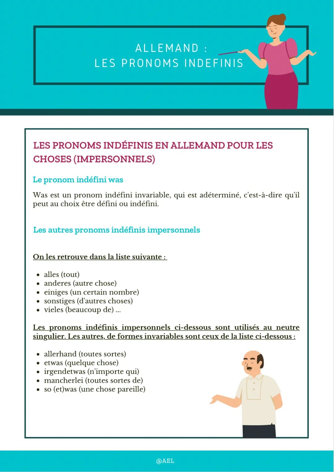 # ALLEMAND :
## LES PRONOMS INDEFINIS
# LES PRONOMS INDÉFINIS EN ALLEMAND POUR LES CHOSES (IMPERSONNELS)
## Le pronom indéfini was
Was est