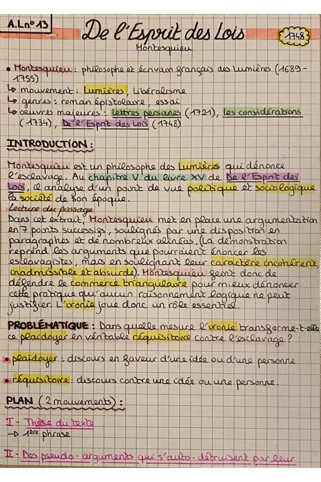 <p>Pour comprendre le texte de Montesquieu, il est important de noter que l'auteur est catégoriquement contre l'esclavage. Il utilise l'iro