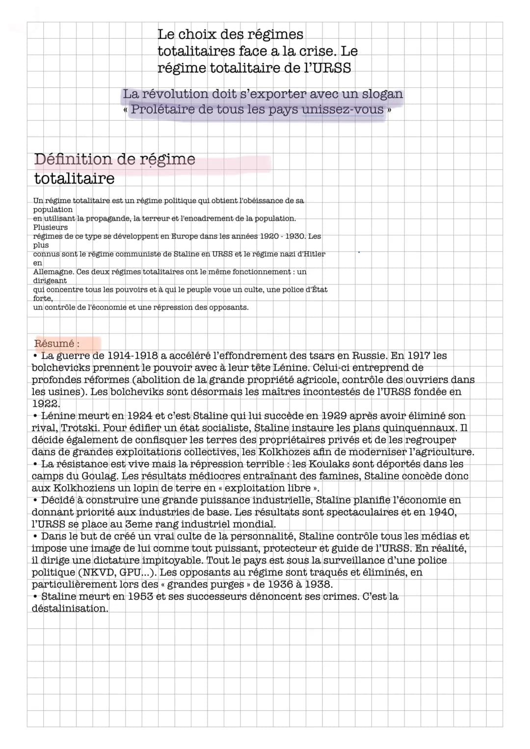 ## Le régime soviétique
### Un régime totalitaire
- Un chef unique concentre tous les pouvoirs. Lénine puis Staline (1924-1953) secrétaire