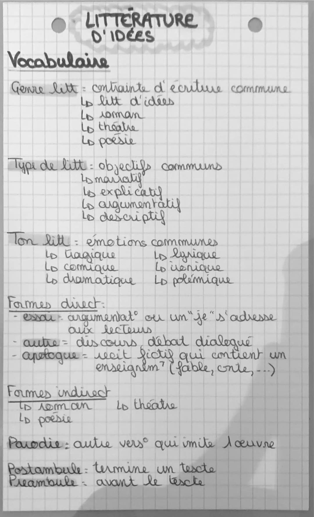 ## LITTERATURE
D'IDÉES
### Vocabulaire
Genre litt: contrainte d'écriture commune
- Lo litt d'idées
- Lo roman
- Lo theatre
- Lo poesie
Ty