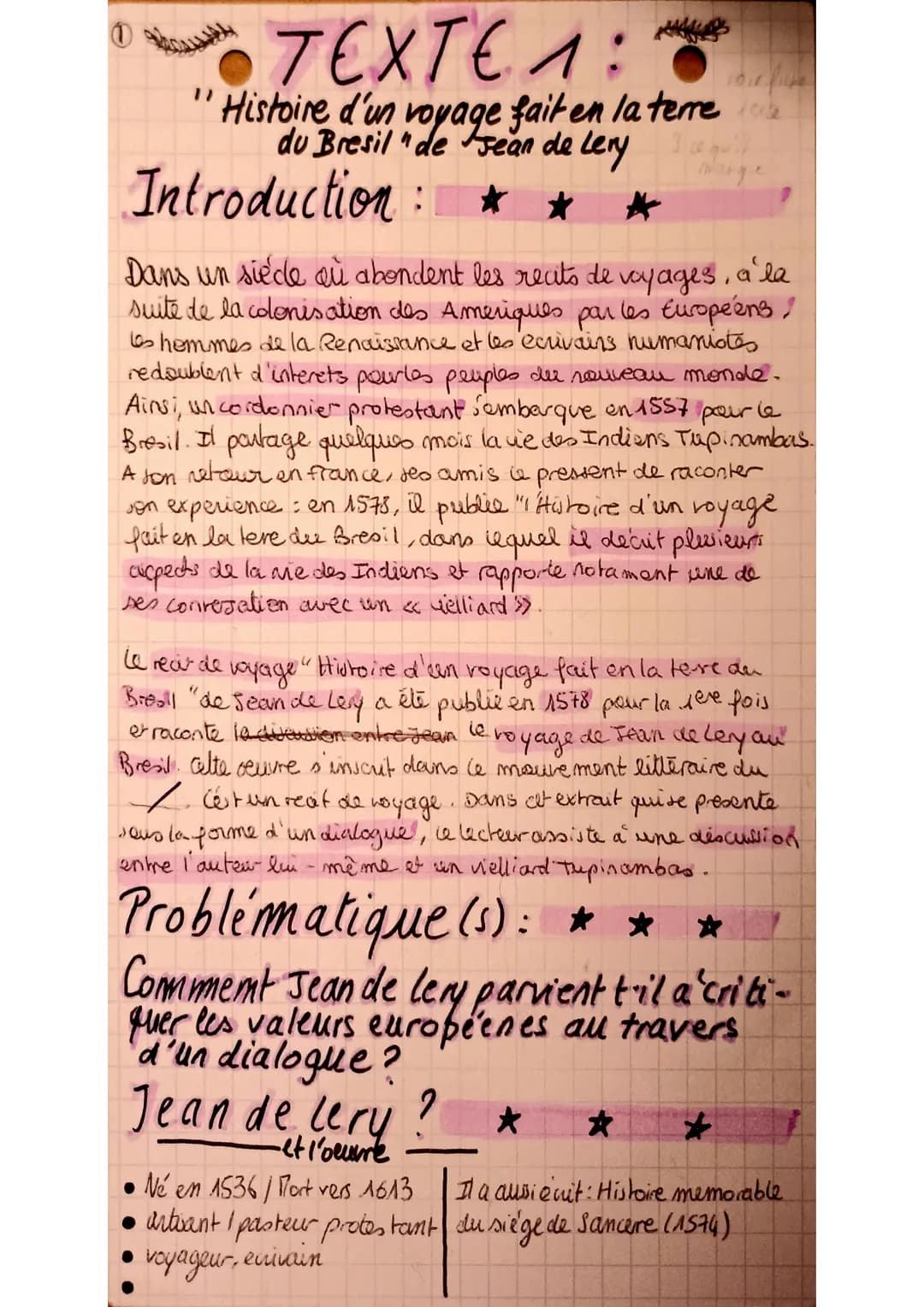 <h2>Idée générale</h2>
<p>Ce texte est une analyse de l'œuvre "Histoire d'un voyage faict en la terre du Brésil" de Jean de Léry, mettant l