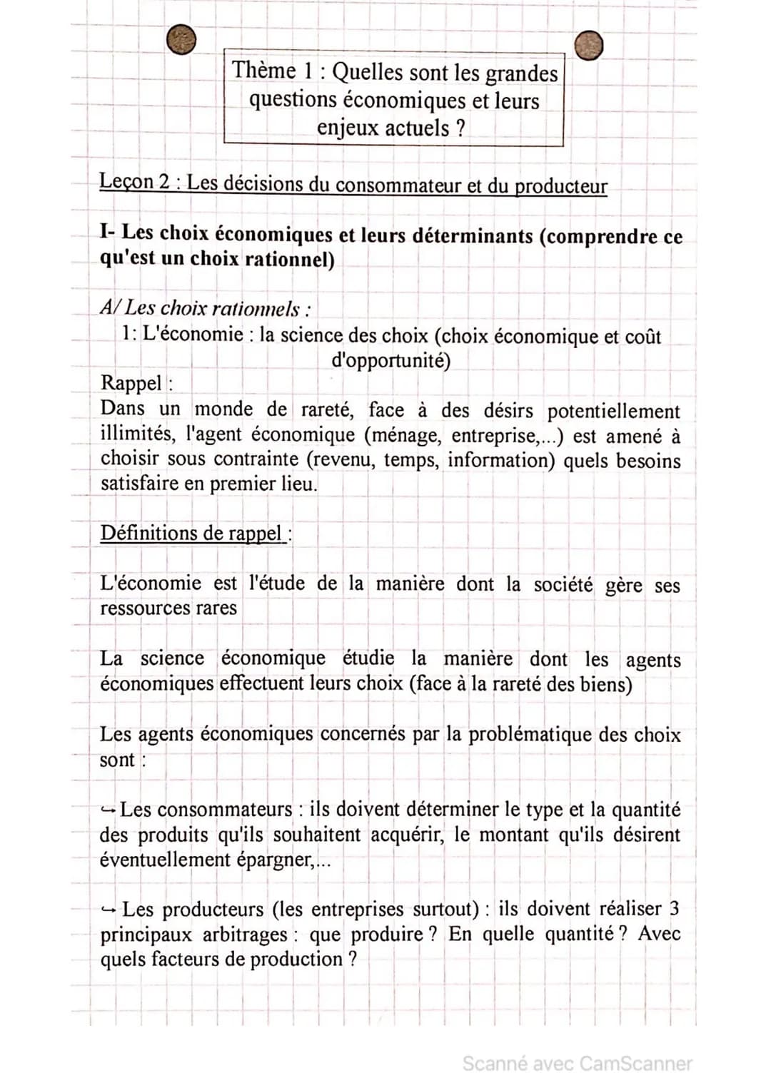 <h2>Les choix économiques et leurs déterminants</h2>
<h3>Les choix rationnels :</h3>
<p>Dans un monde de rareté, les agents économiques (mé