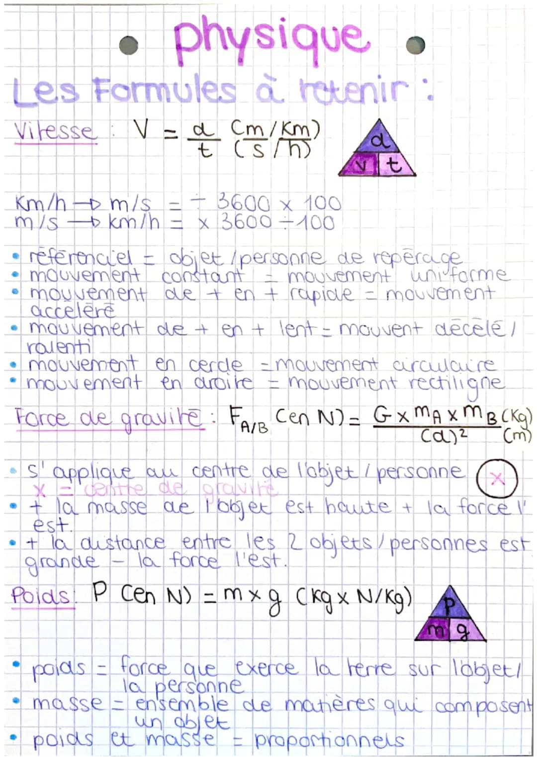 # physique
## Les Formules à retenir:
### Vitesse:
$V = \frac{d}{t} \text{ (Cm/Km)}$
$
\text{(s/h)}
$
Km/h $\rightarrow$ m/s = $\div$ 3600