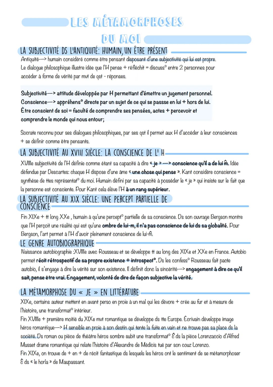 # LES MÉTAMORPHOSES
# DU MOI
## LA SUBJECTIVITÉ DS L'ANTIQUITÉ: HUMAIN, UN ÊTRE PRÉSENT
Antiquité-> humain considéré comme être pensant disp