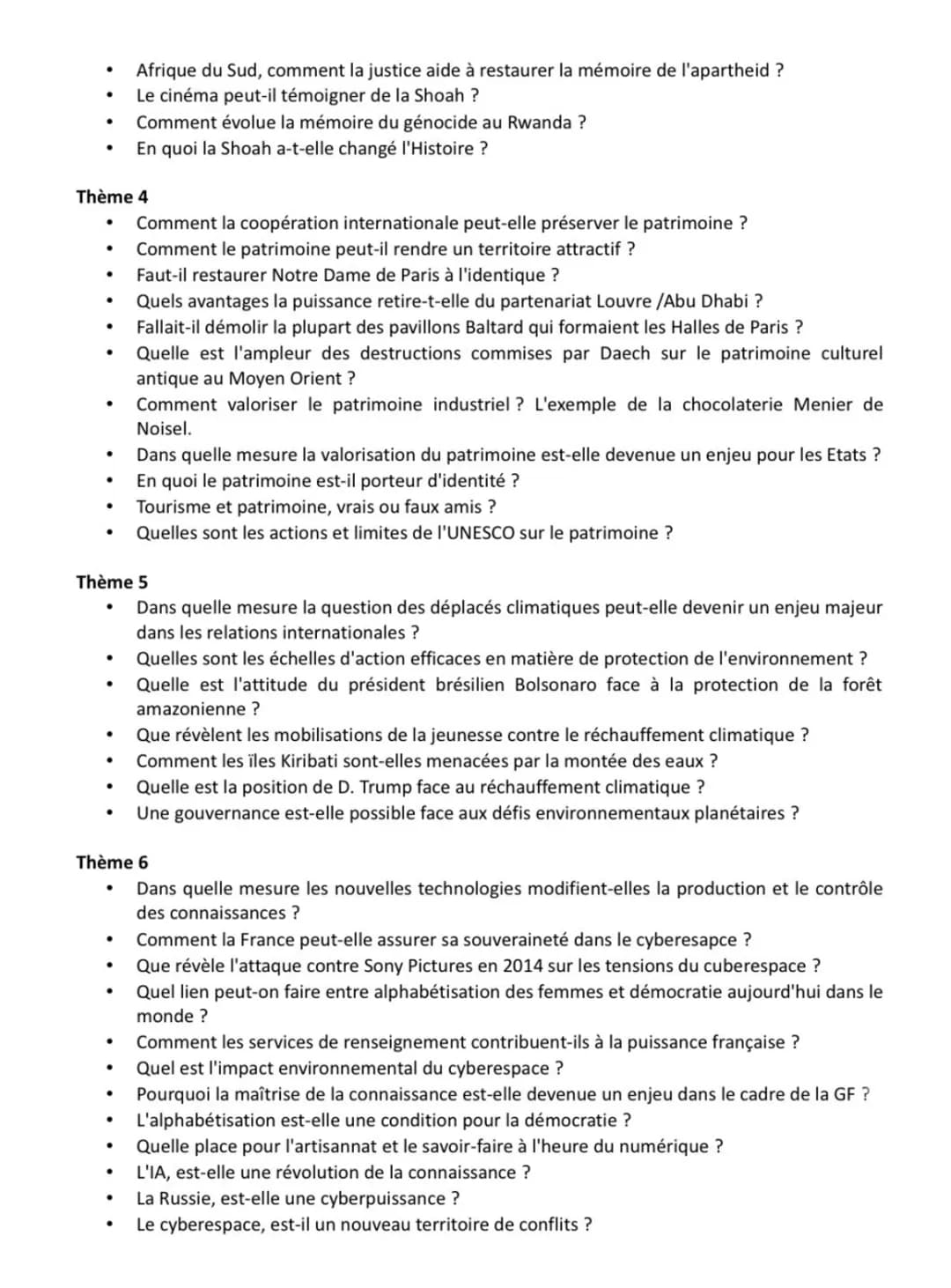 # Grand Oral - HG GSP
Sujets proposés dans les manuels, non exhaustifs
## Thème 1
* A quels acteurs faut-il confier la préservation des res